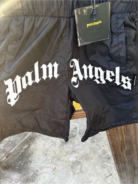 Palm Angels Black Swim Shorts with White Gothic Logo